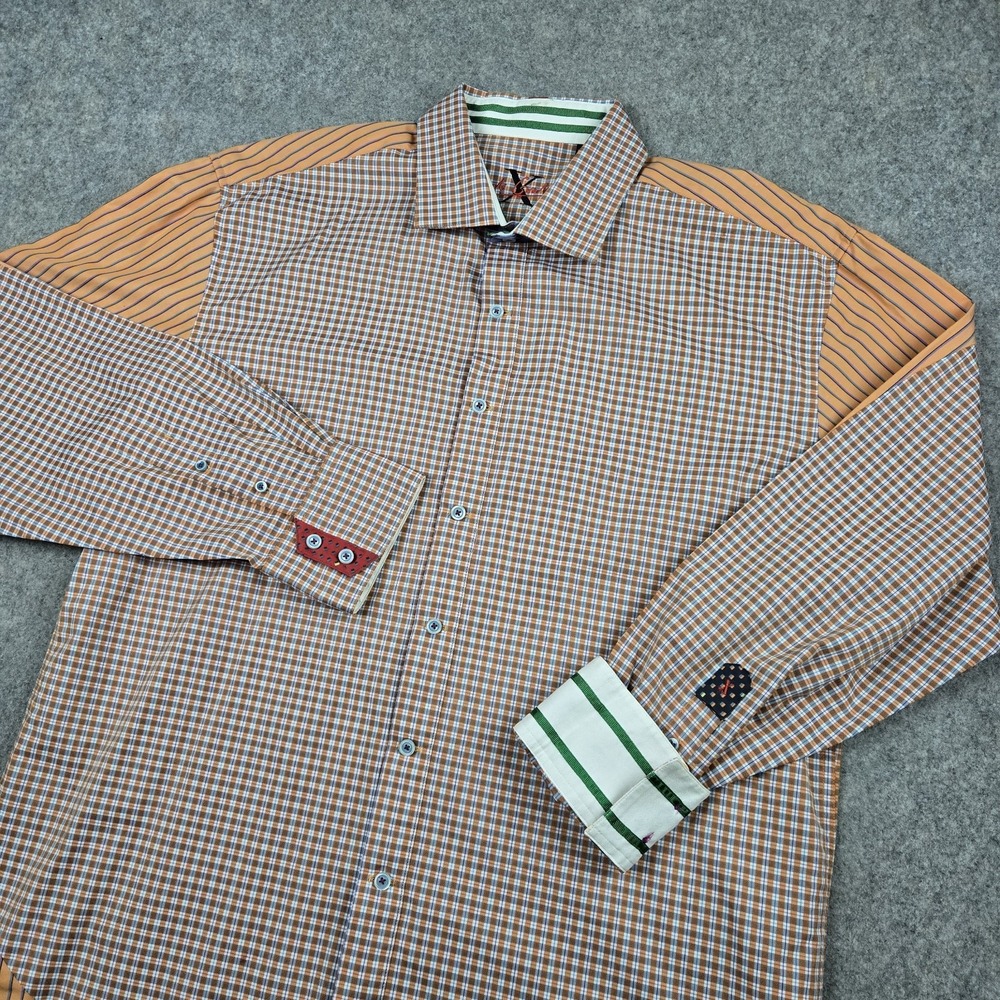 Robert Graham X Button Up Shirt Mens 2XL‎ Orange Plaid Color Block Flip Cuff